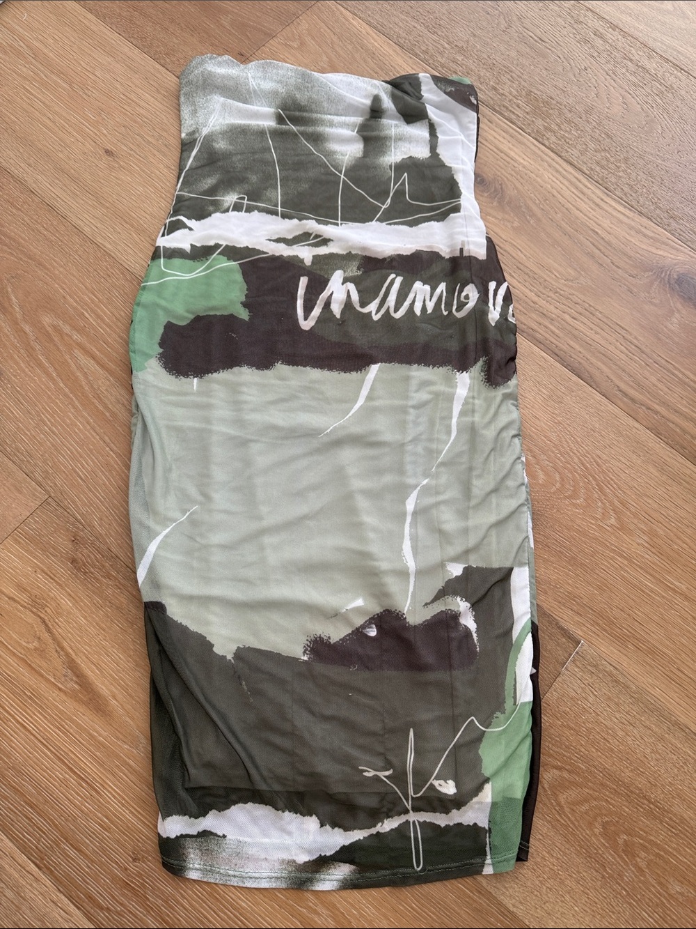 iNAMORATA Strapless Abstract Print Bodycon Dress in Olive, Cream & Brown - Picture 2 of 4